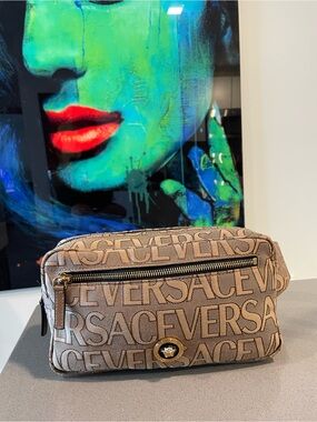 Versace Beige Logo Canvas Belt Bag with Gold Medallion Accent